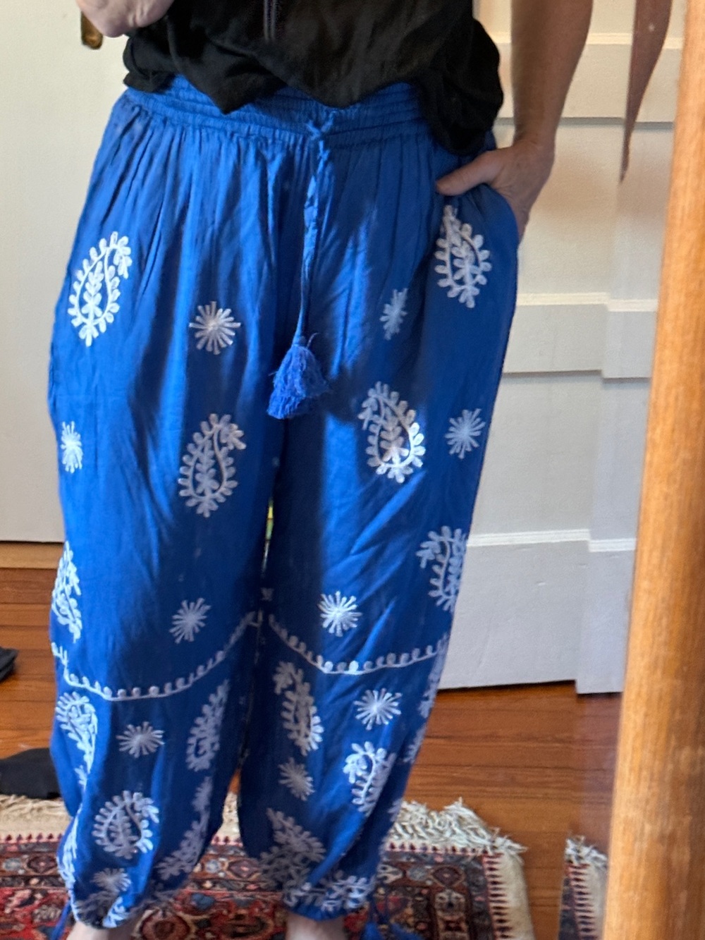 Blue Embroidered Cropped Harem Pants